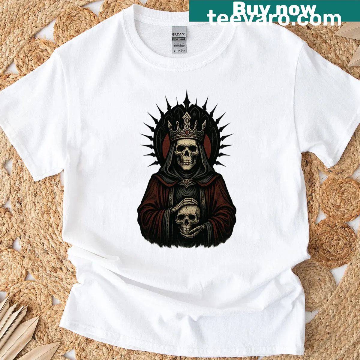 Dark gothic skeleton queen on throne of shadows t-shirt — on a men's t-shirt