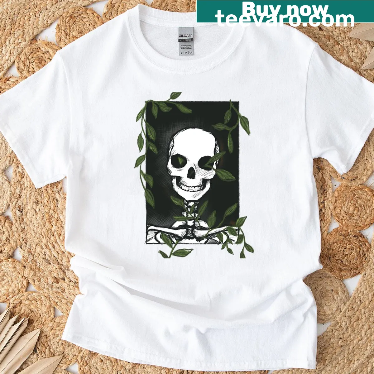 Gothic skeleton design with intertwined vines in detailed illustration — on a men's t-shirt