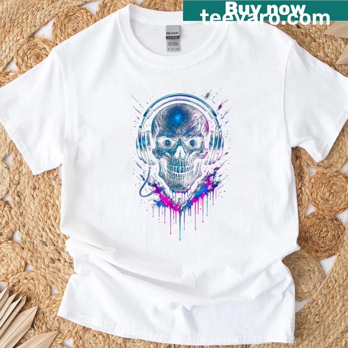 Edgy skull DJ graphic with headphones on a Halloween shirt — on a men's t-shirt