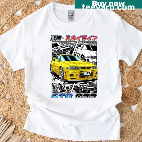 Manga-style illustration of a Skyline GT-R R33 on a T-shirt