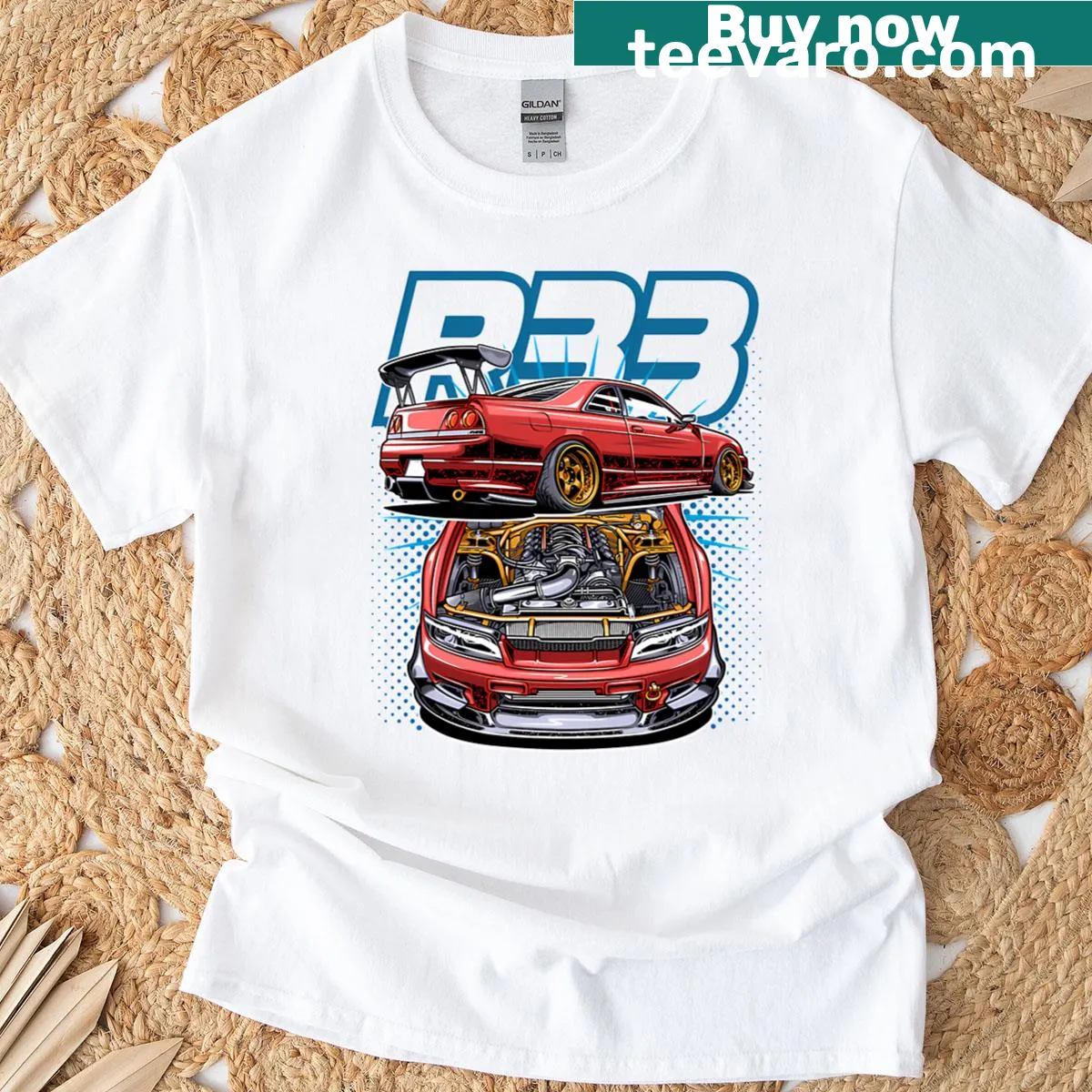 Illustration of a Skyline GTR 33 with LS swap details — on a men's t-shirt