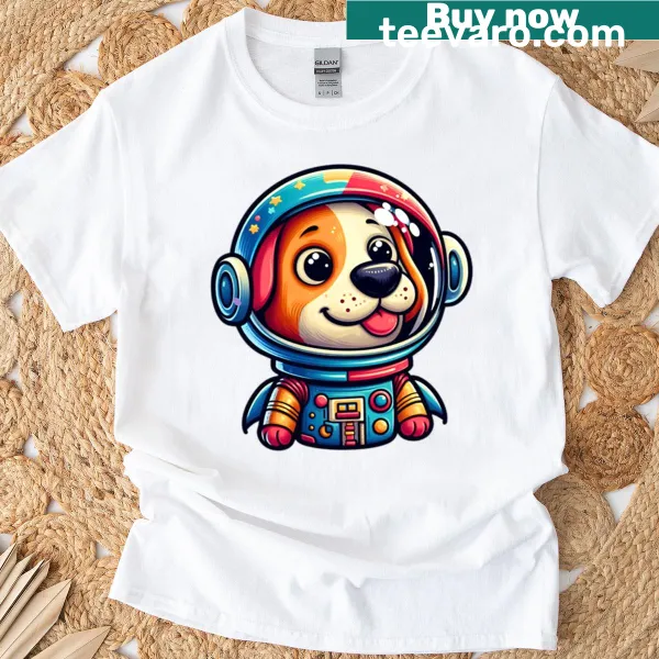 Fun cartoon dog in space graphic t-shirt for kids