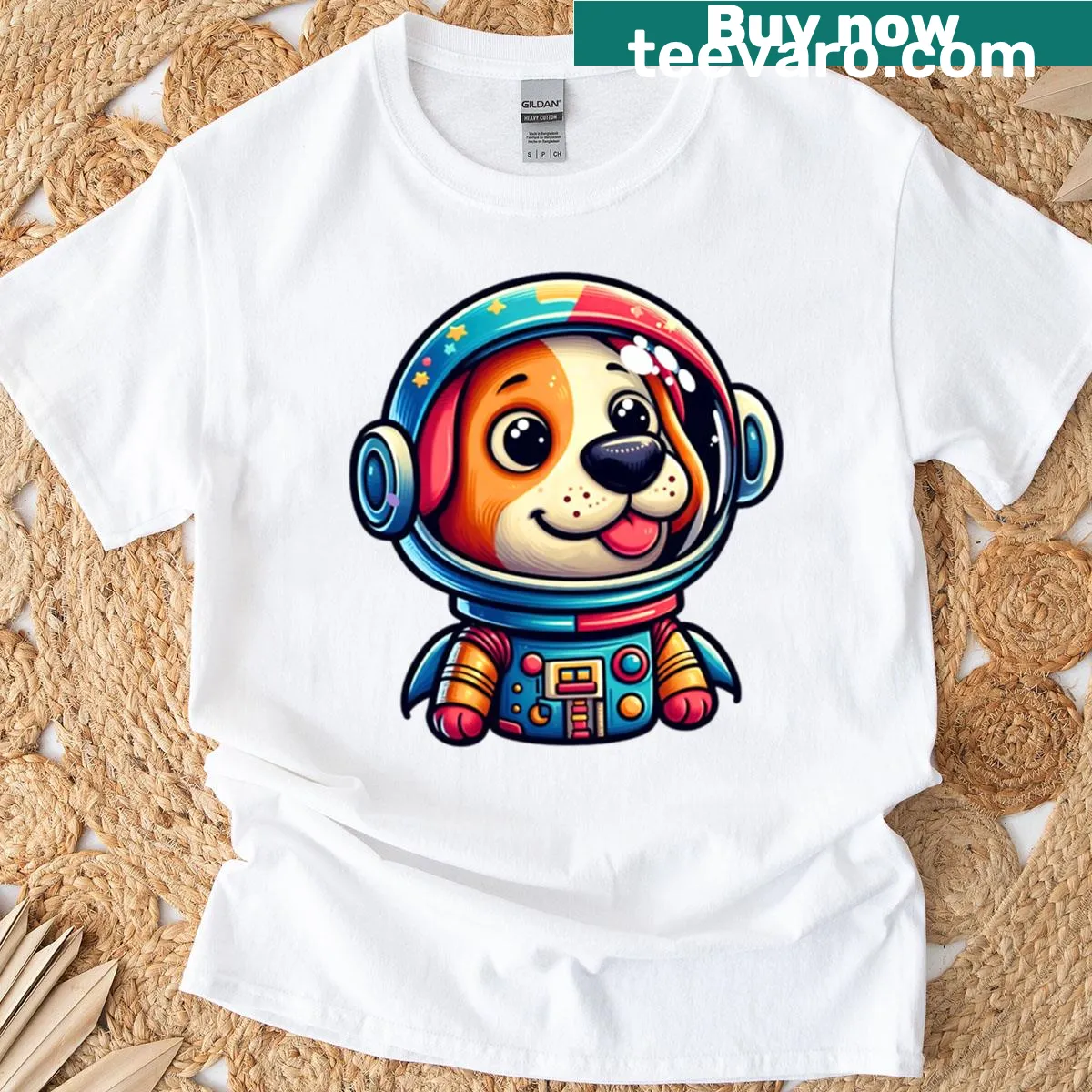 Fun cartoon dog in space graphic t-shirt for kids — on a men's t-shirt