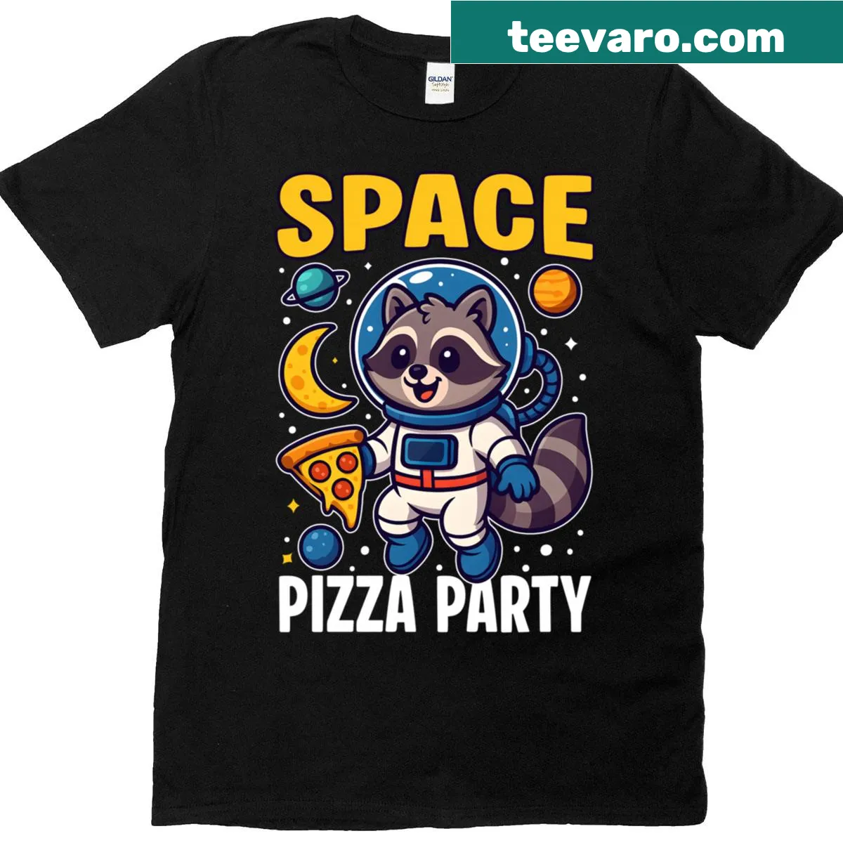 Cartoon design of a raccoon astronaut at a pizza party — on a men's t-shirt