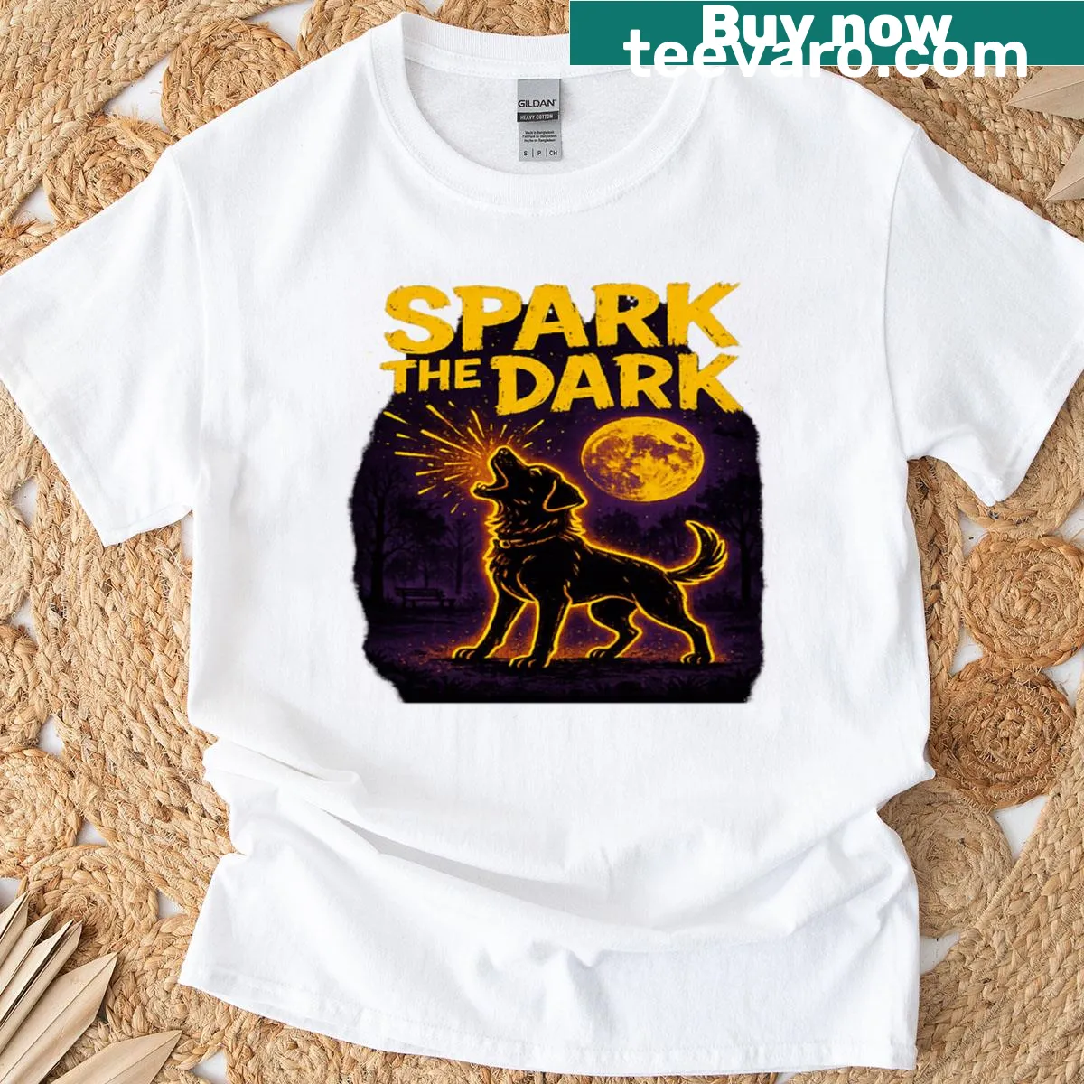Howling dog graphic on moonlit background with bold neon colors — on a men's t-shirt