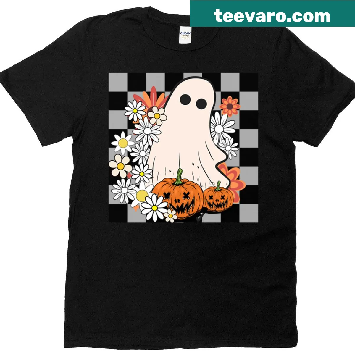 Cute Halloween ghost T-shirt with pumpkins and retro flowers — on a men's t-shirt