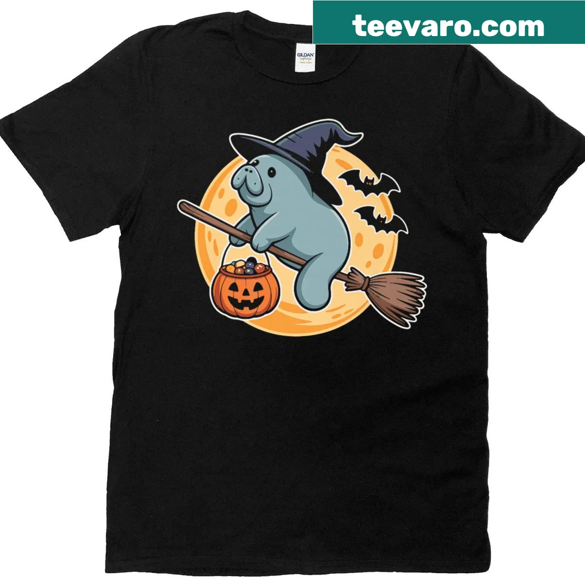 Cartoon manatee wearing a witch hat with pumpkins for Halloween — on a men's t-shirt