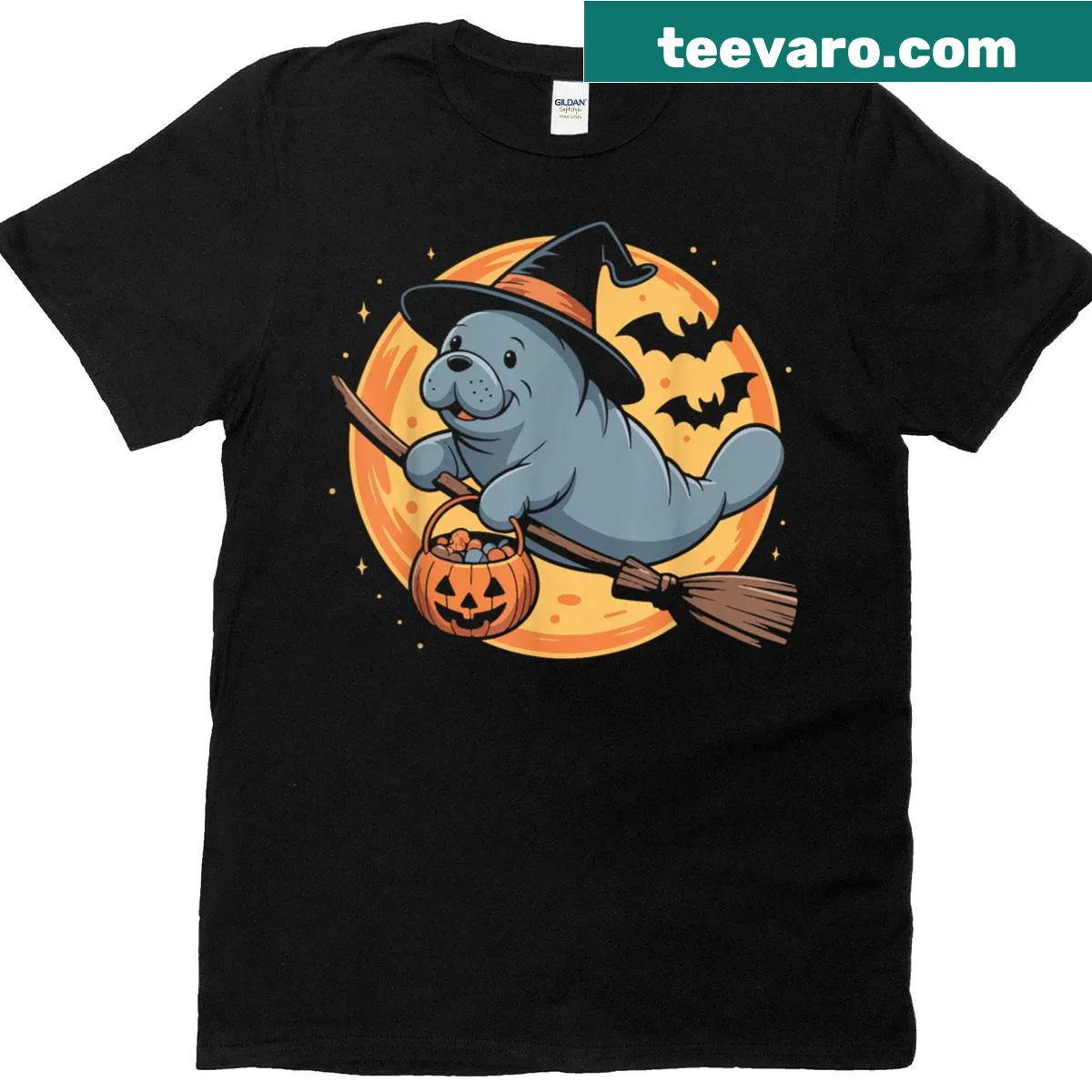 Cute manatee with witch hat and pumpkin design for Halloween kids t-shirt — on a men's t-shirt