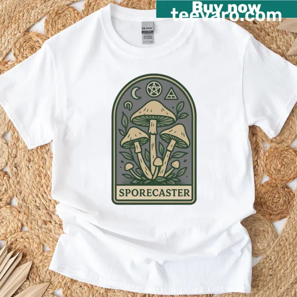 Illustration of a spore caster in a whimsical design on a t-shirt