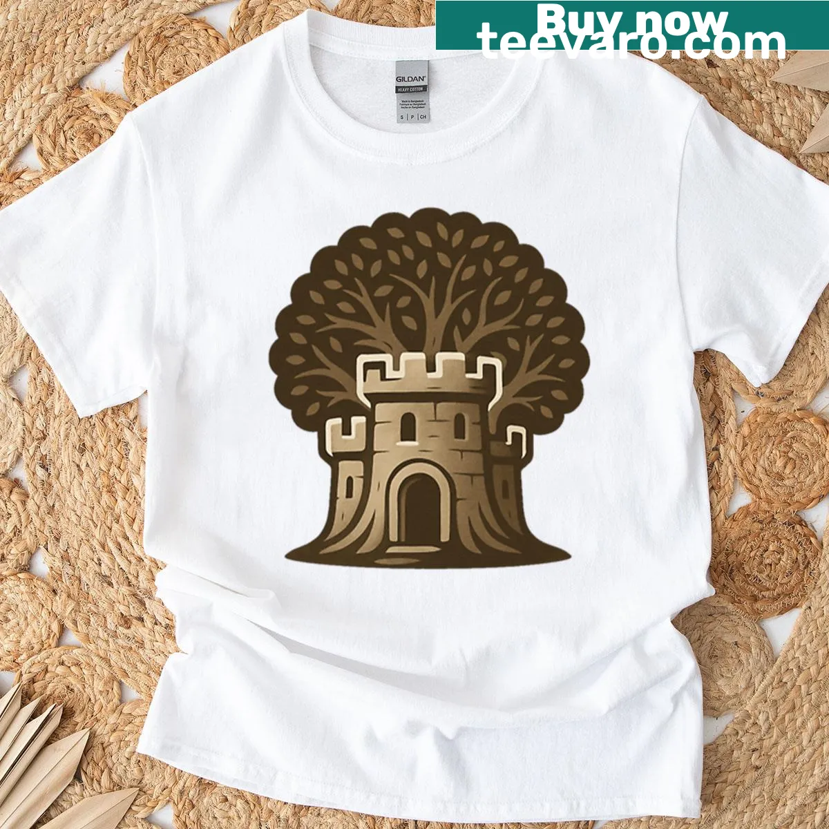 Cartoon illustration of a squirrel and a castle on a t-shirt. — on a men's t-shirt