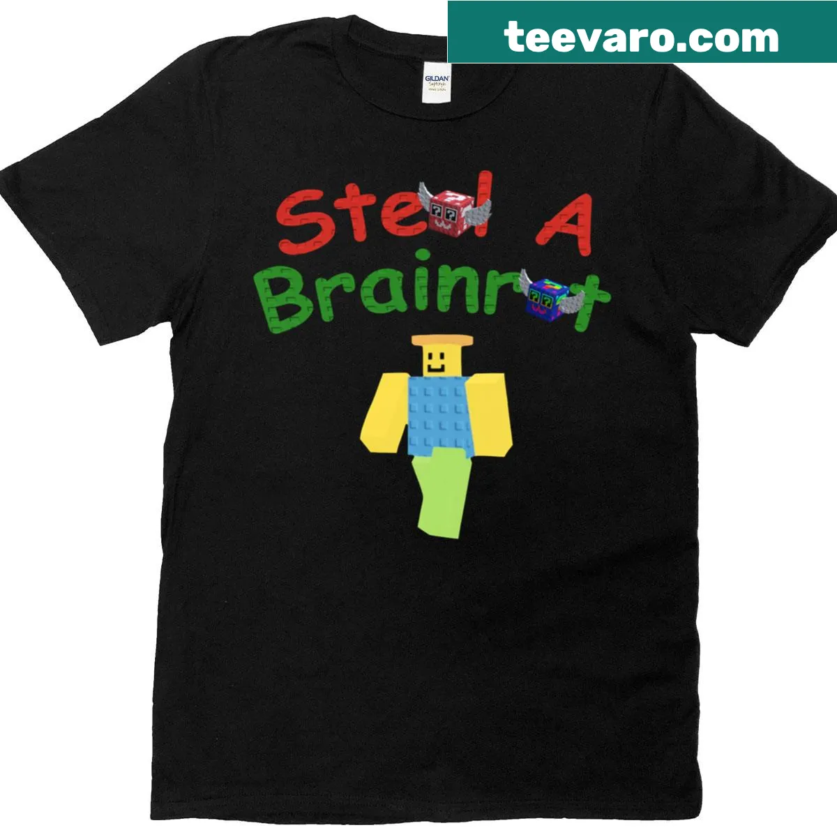 Humorous cartoon design featuring 'Steal A Brainrot Noobini Pizzanini'. — on a men's t-shirt