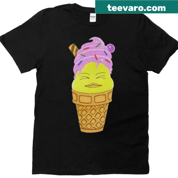 Illustrated chick holding strawberry ice cream cone