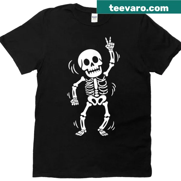 Playful T-shirt featuring a whimsical skeleton holding candy for Halloween