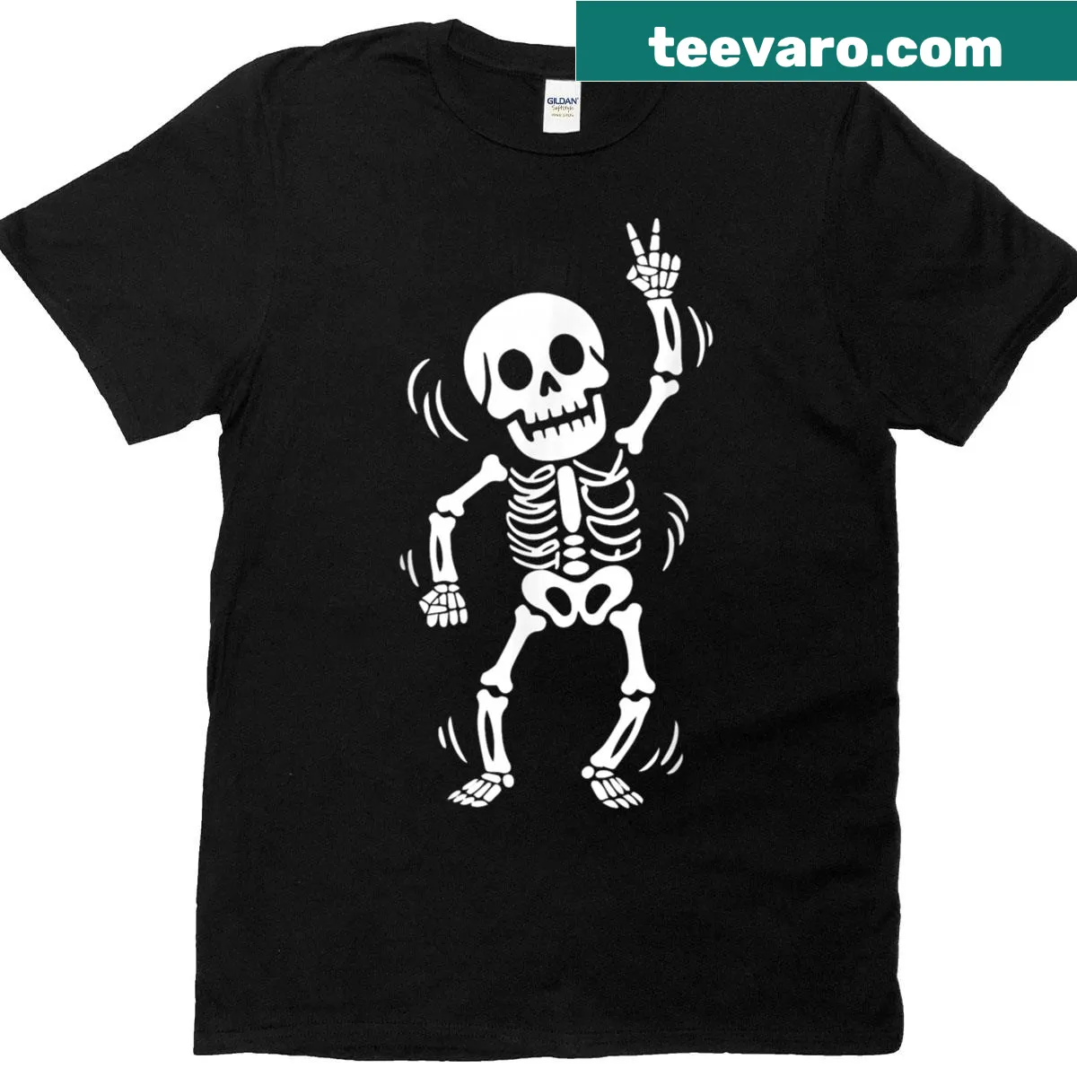 Playful T-shirt featuring a whimsical skeleton holding candy for Halloween — on a men's t-shirt