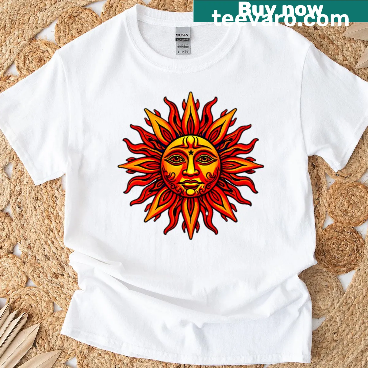 Illustration of a smiling sun face symbol on a t-shirt — on a men's t-shirt