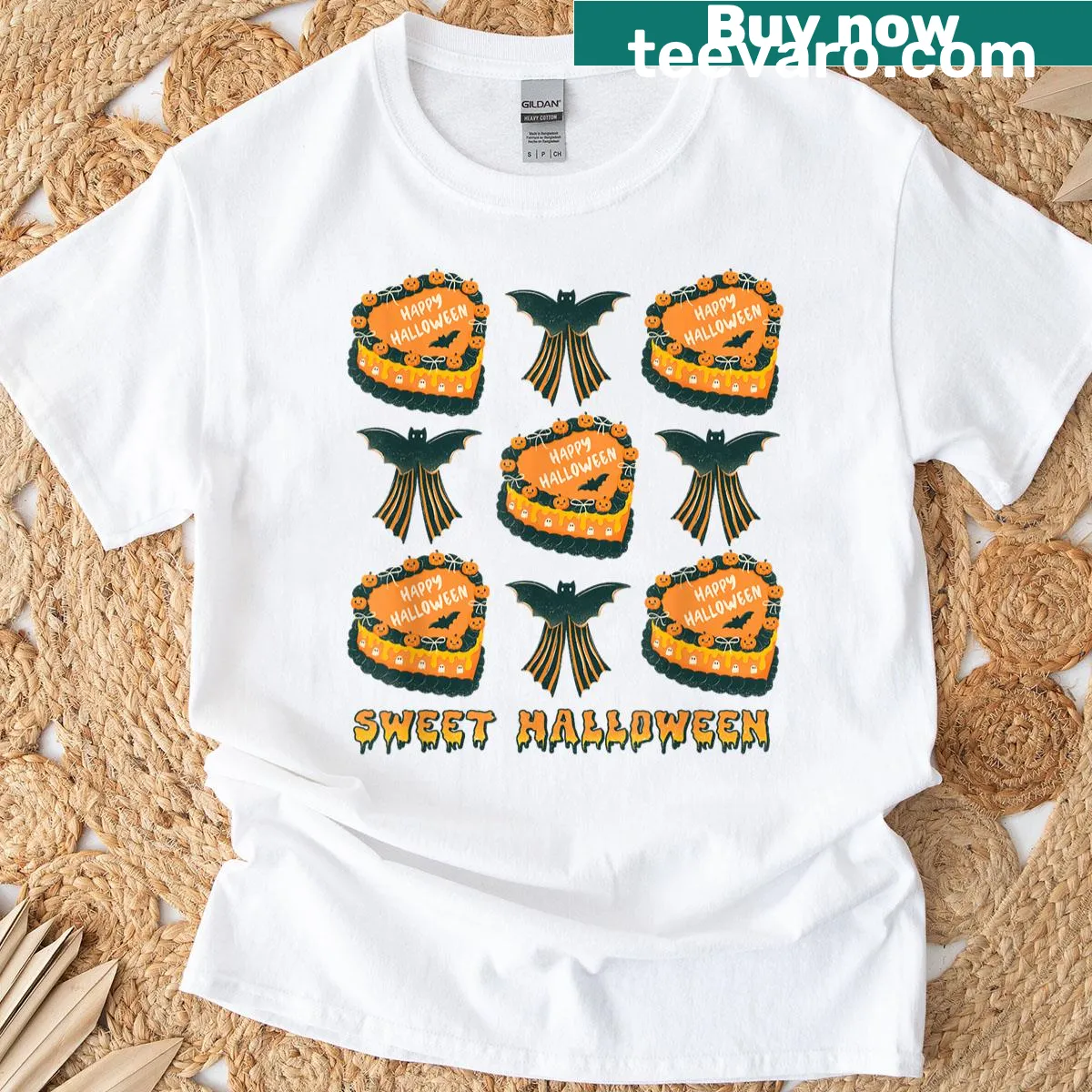 Cute Halloween cake and bat graphic on a girls' t-shirt — on a men's t-shirt