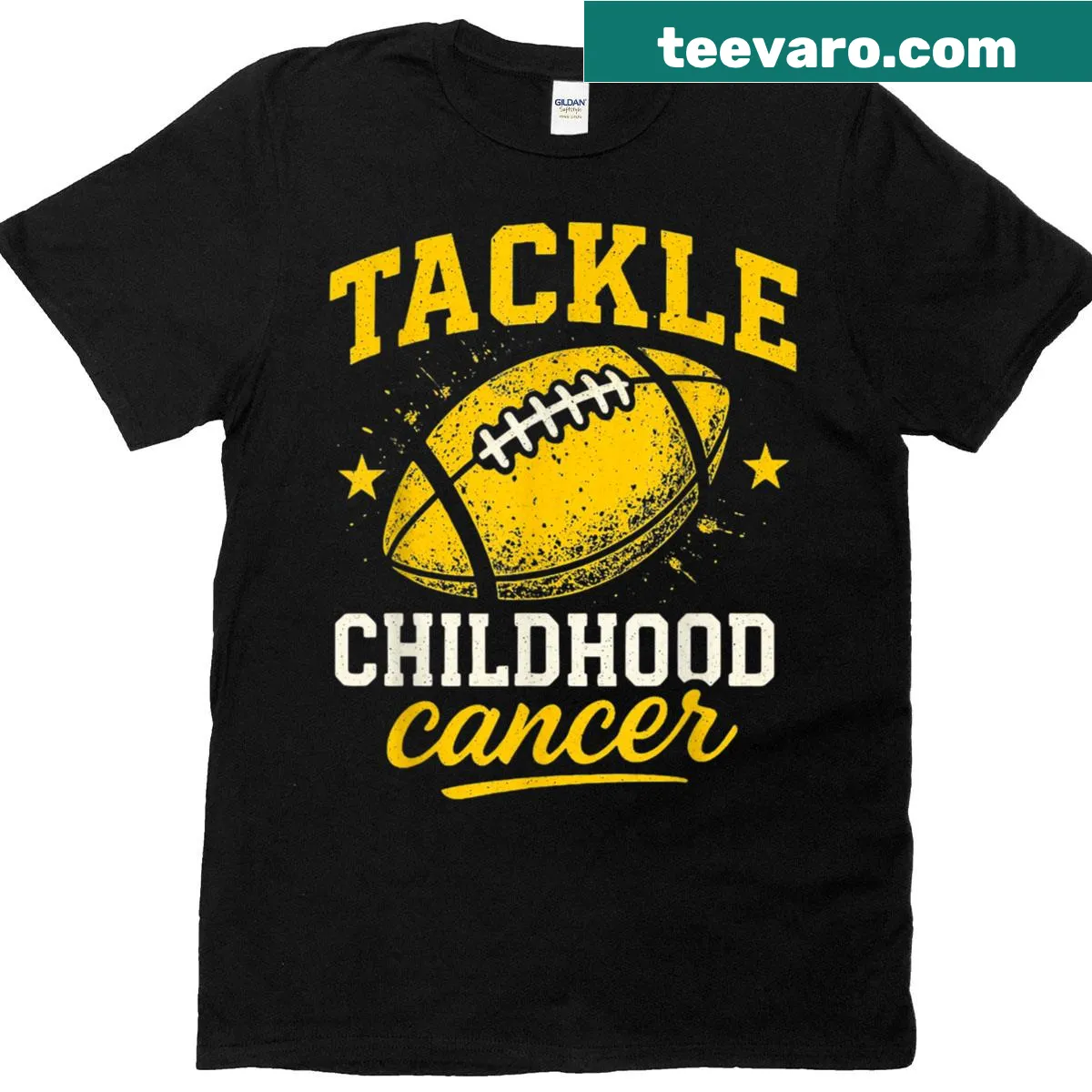 Gold ribbon and football design supporting childhood cancer awareness — on a men's t-shirt