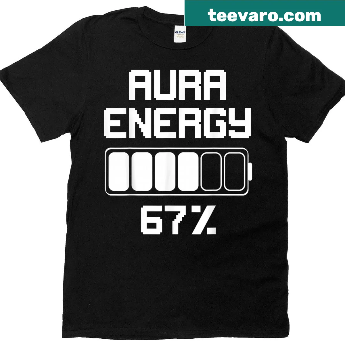 Graphic featuring the phrase 'Aura Energy 67' in a playful font. — on a men's t-shirt