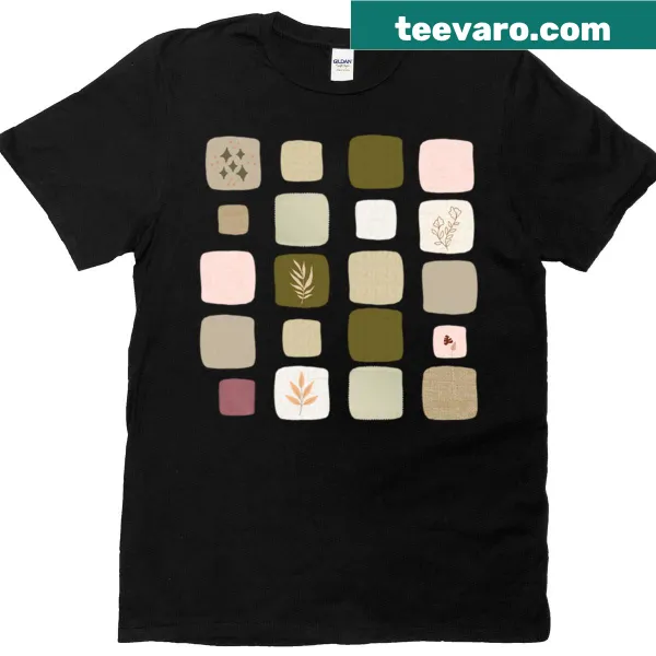 Abstract patchwork pattern T-shirt with botanical accents