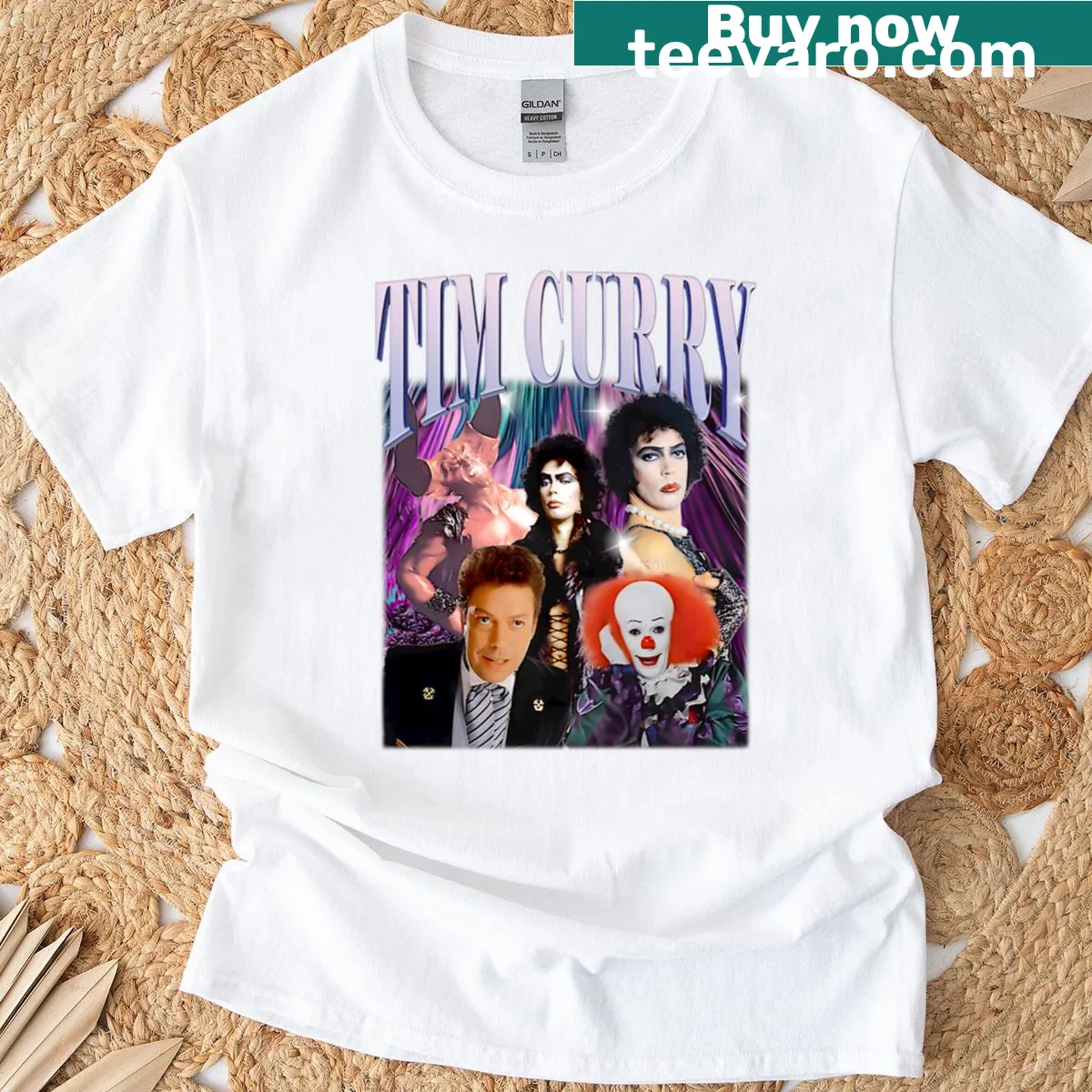T-shirt featuring a retro collage of Tim Curry's iconic roles — on a men's t-shirt