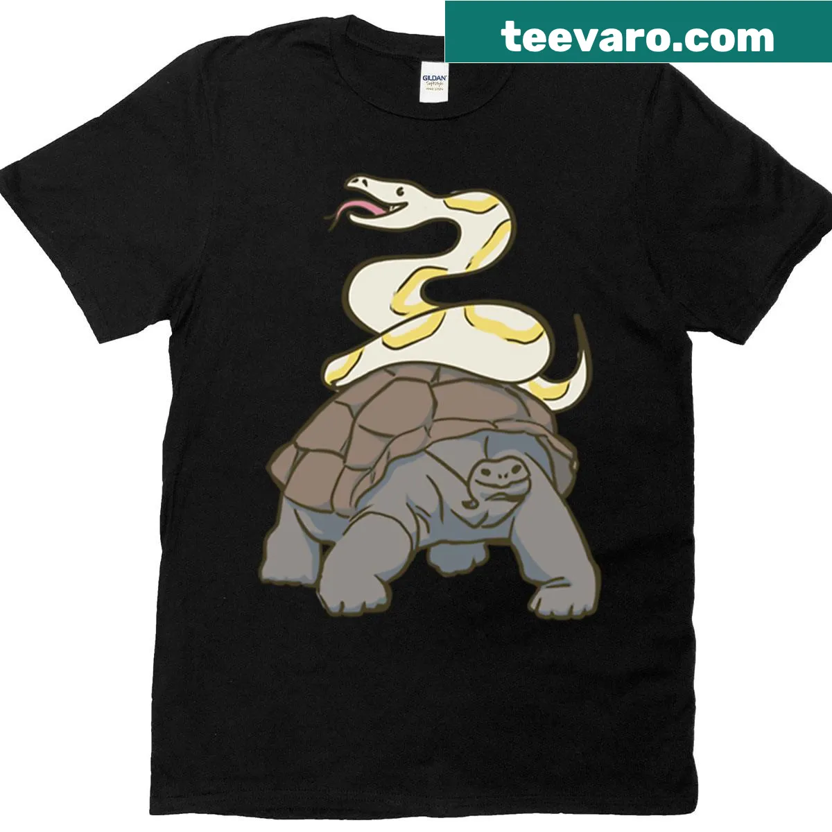 Tortoise carrying a boa illustration on T-shirt — on a men's t-shirt
