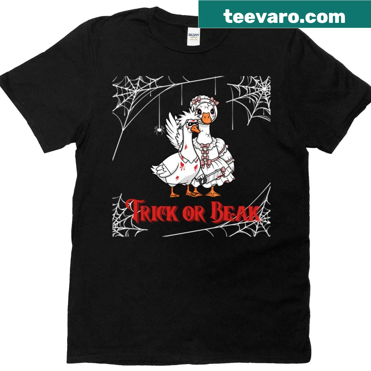 Funny Halloween goose couple in horror costumes with web background — on a men's t-shirt