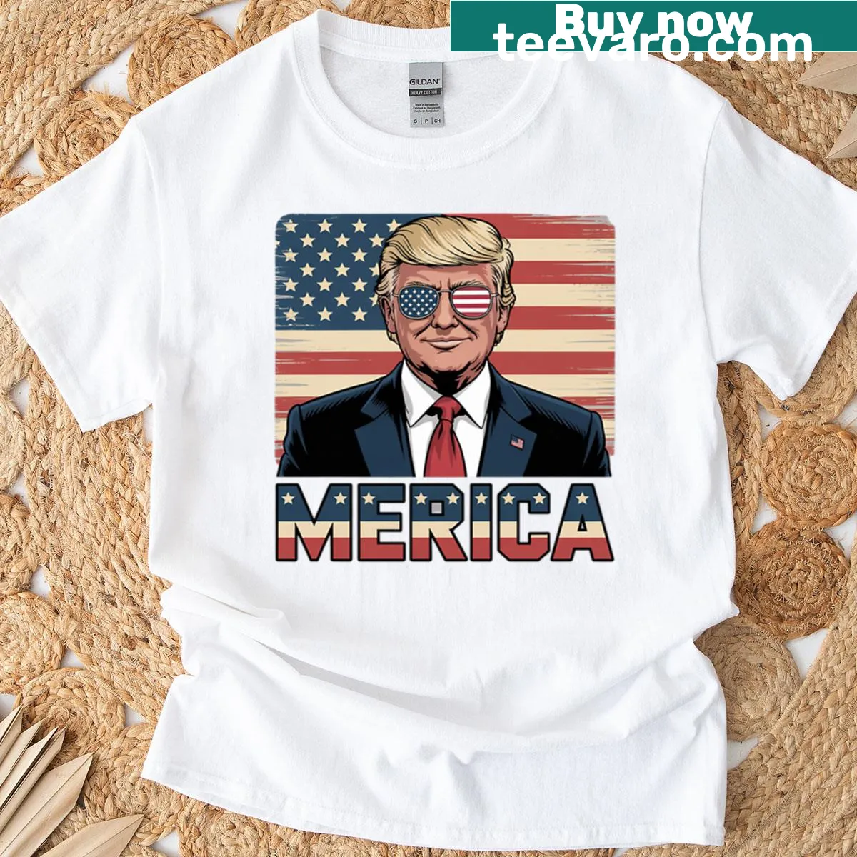 American flag design with a Trump reference on a t-shirt — on a men's t-shirt