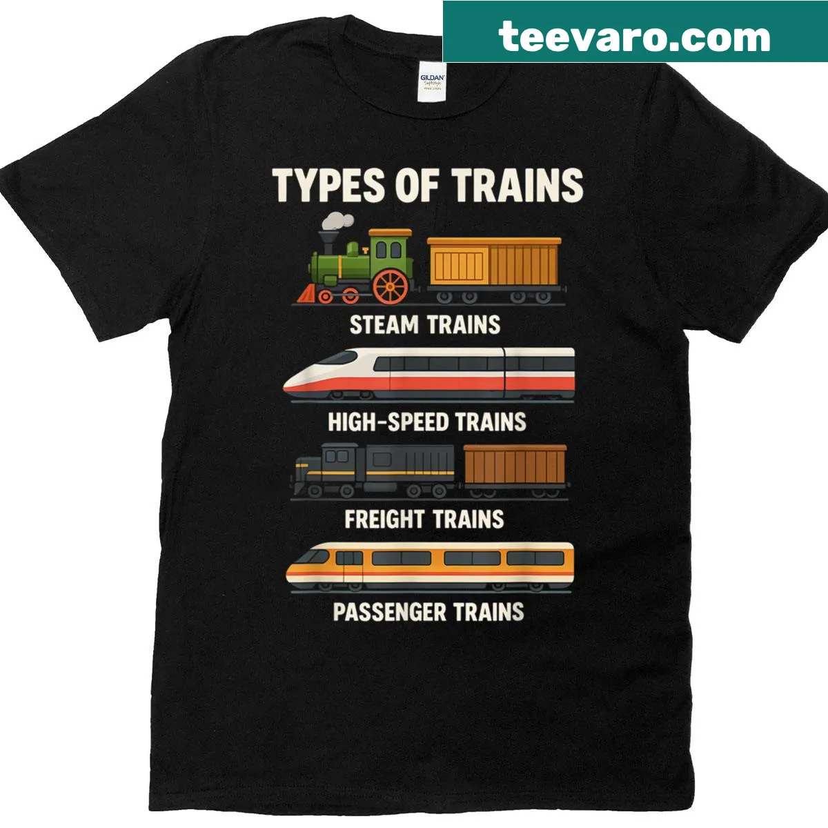 Illustrative T-shirt featuring different types of trains — on a men's t-shirt