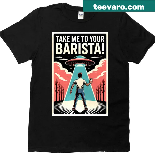 Vintage-style UFO and coffee-themed t-shirt with playful graphics