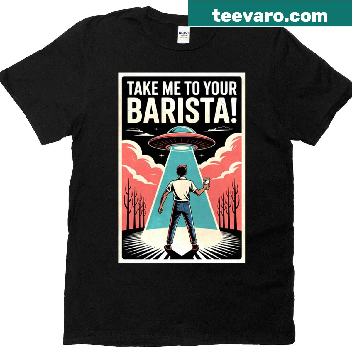 Vintage-style UFO and coffee-themed t-shirt with playful graphics — on a men's t-shirt