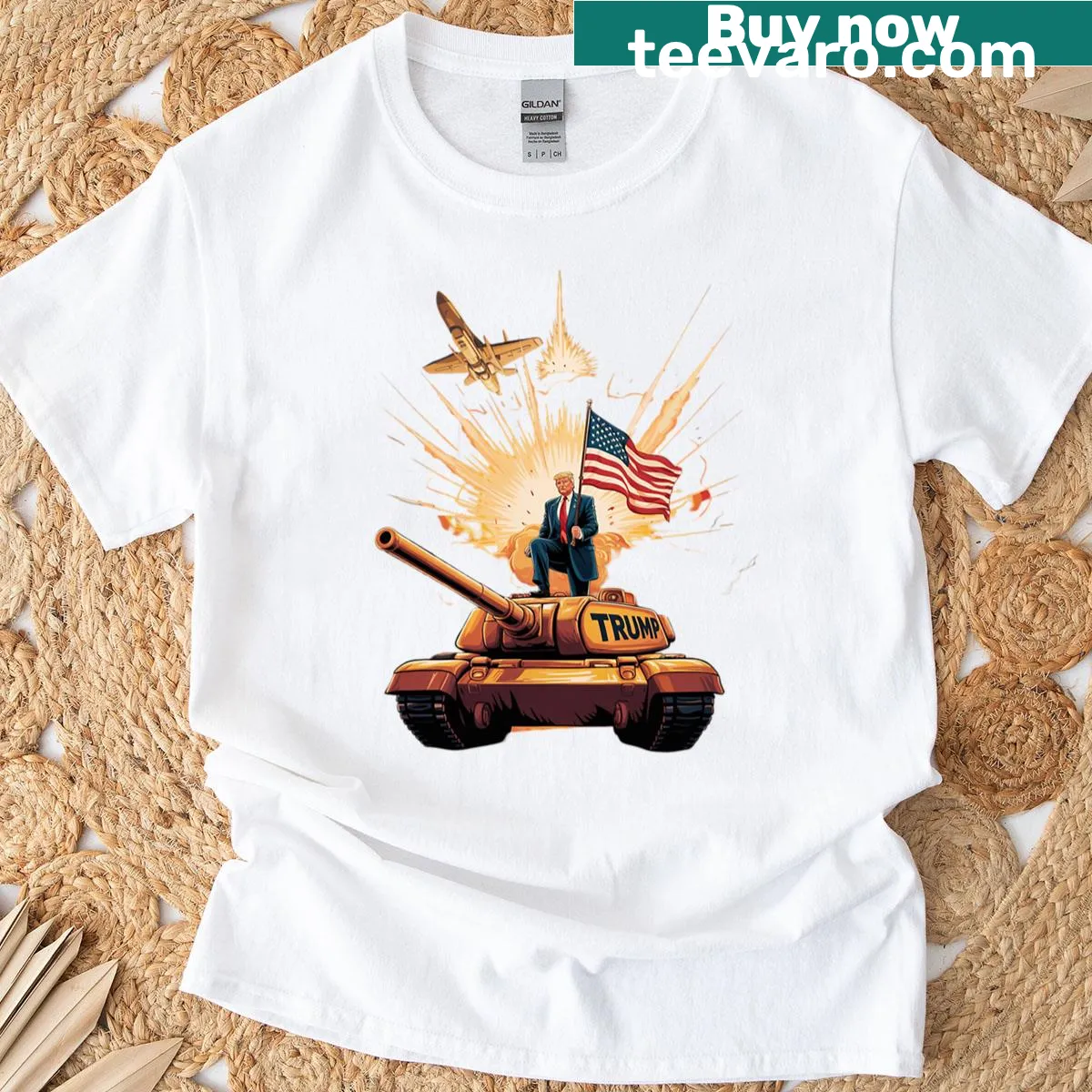 Cartoonish graphic of Donald Trump in an epic battle on a T-shirt — on a men's t-shirt