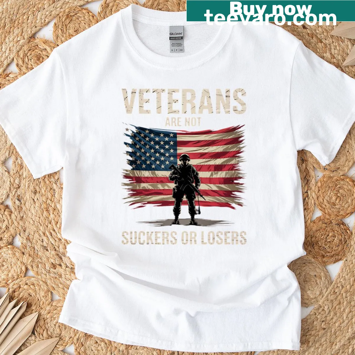 Political T-shirt with bold statement about veterans and politics — on a men's t-shirt