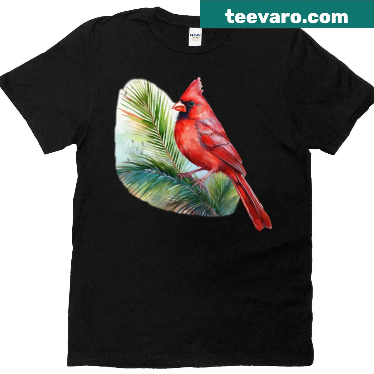 Northern cardinal perched on palm fronds graphic — on a men's t-shirt