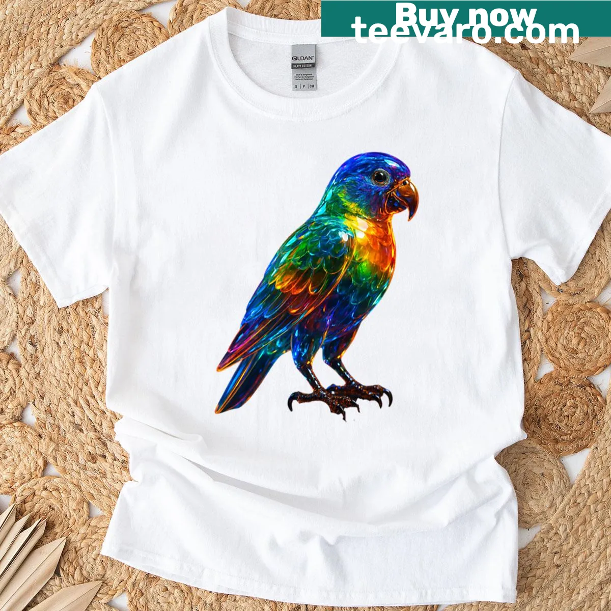Colorful parrot graphic t-shirt with glass effect — on a men's t-shirt