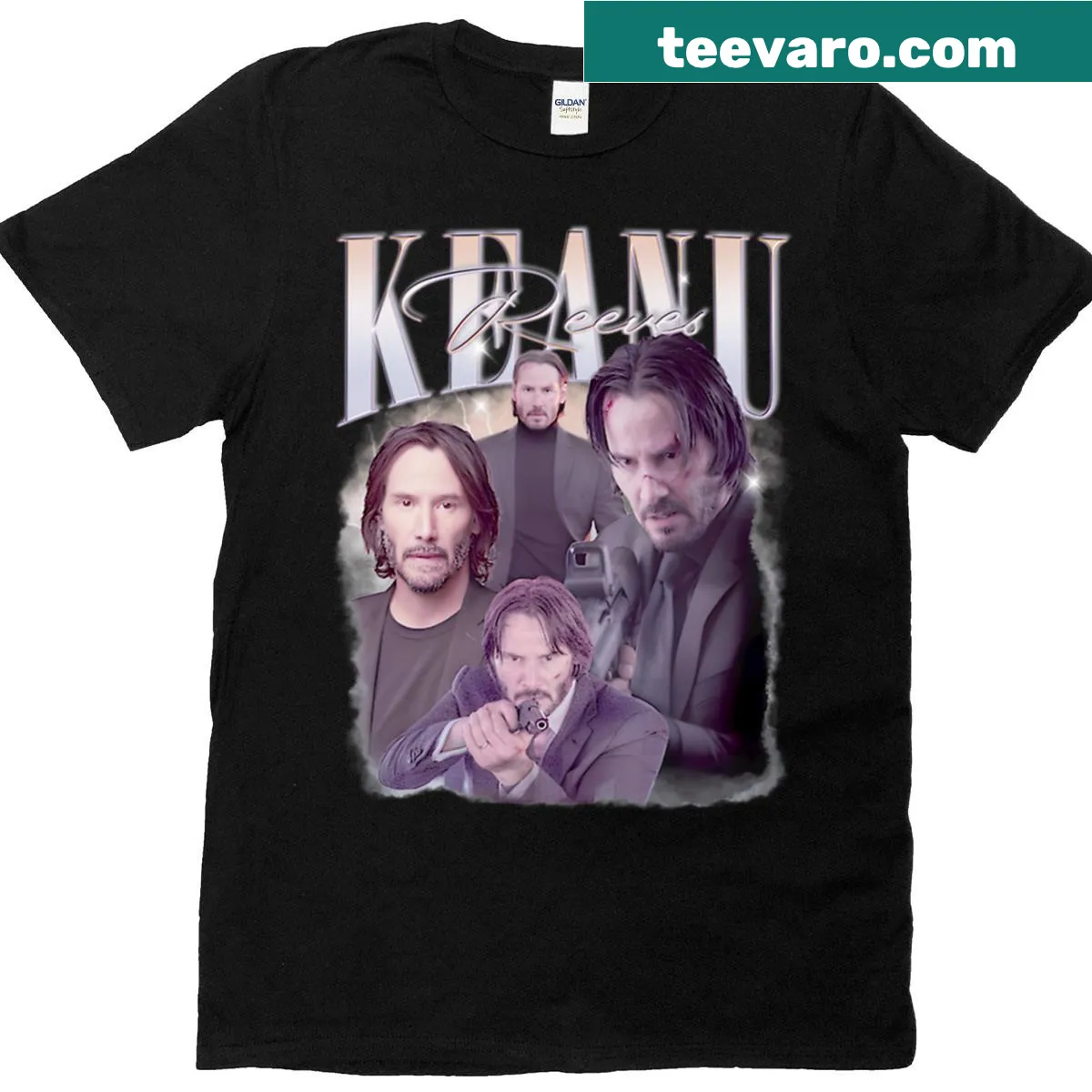 Vintage 90s Hollywood star collage t-shirt with iconic figures — on a men's t-shirt