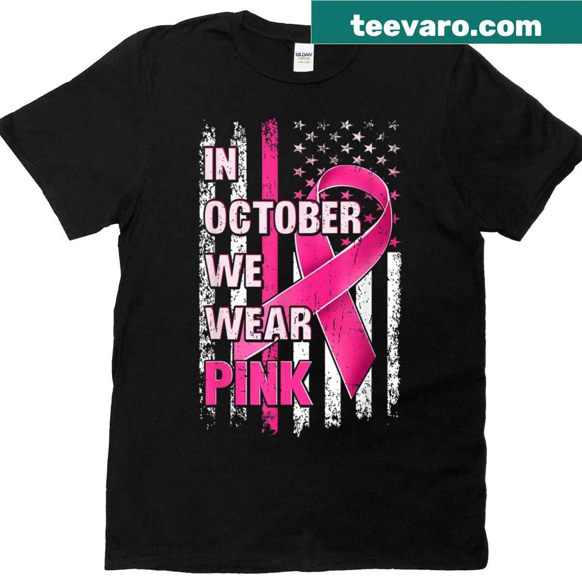 Vintage American flag T-shirt for breast cancer awareness — on a men's t-shirt