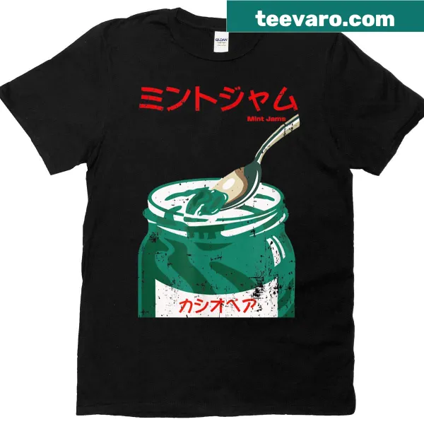 Retro music-themed t-shirt with Japanese design and humorous elements