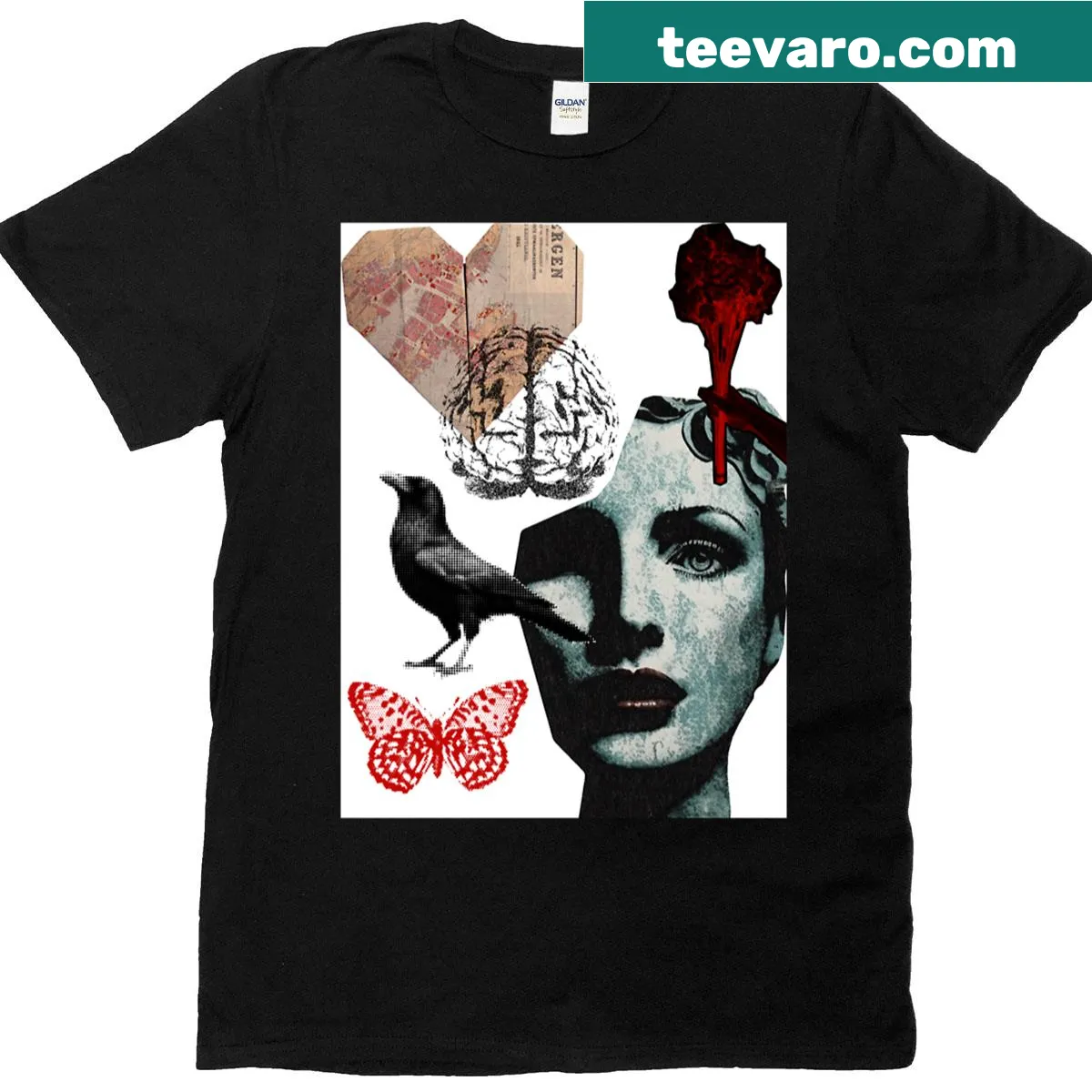 Vintage collage of a woman, brain, and butterfly design — on a men's t-shirt