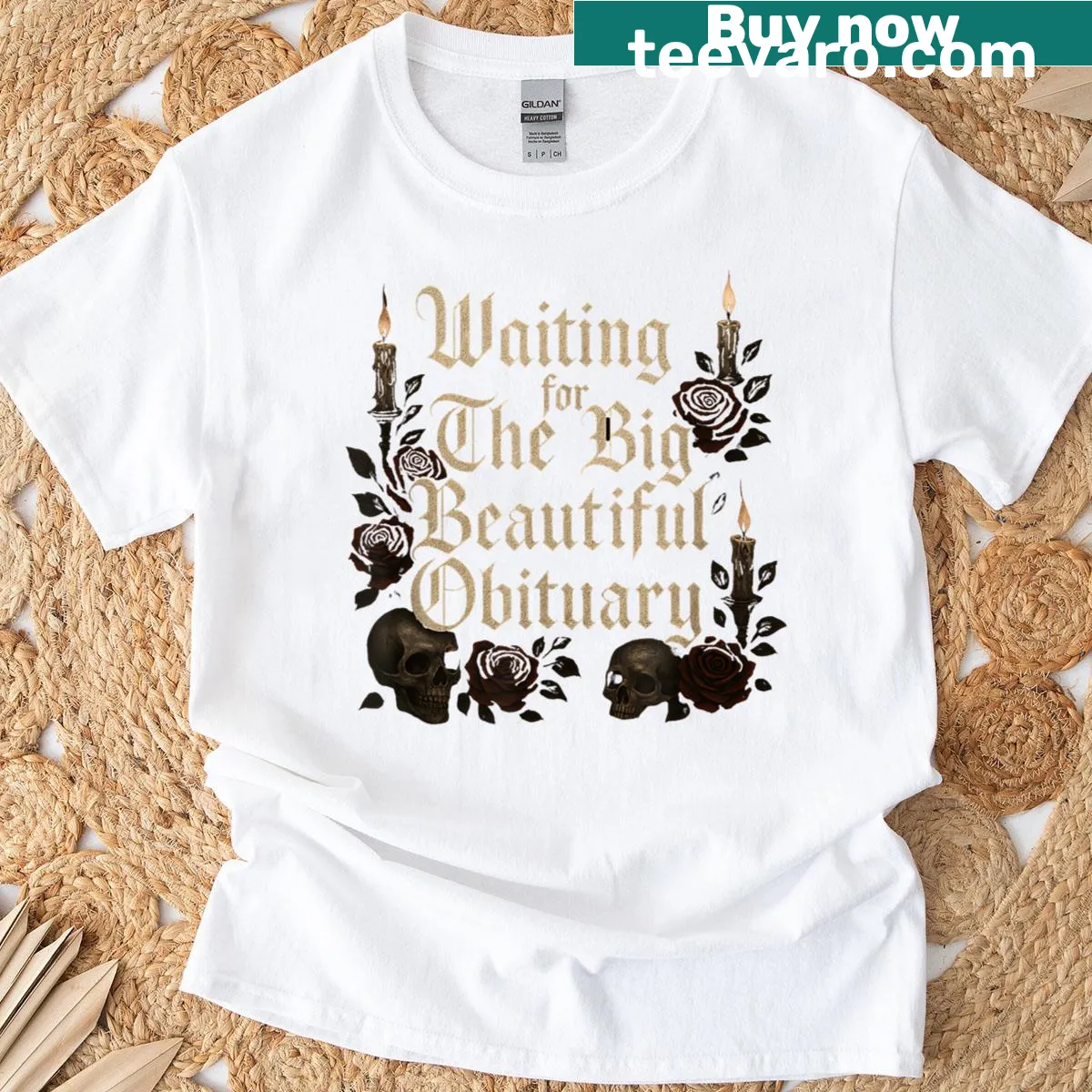 T-shirt with humorous phrase about obituaries in bold typography — on a men's t-shirt