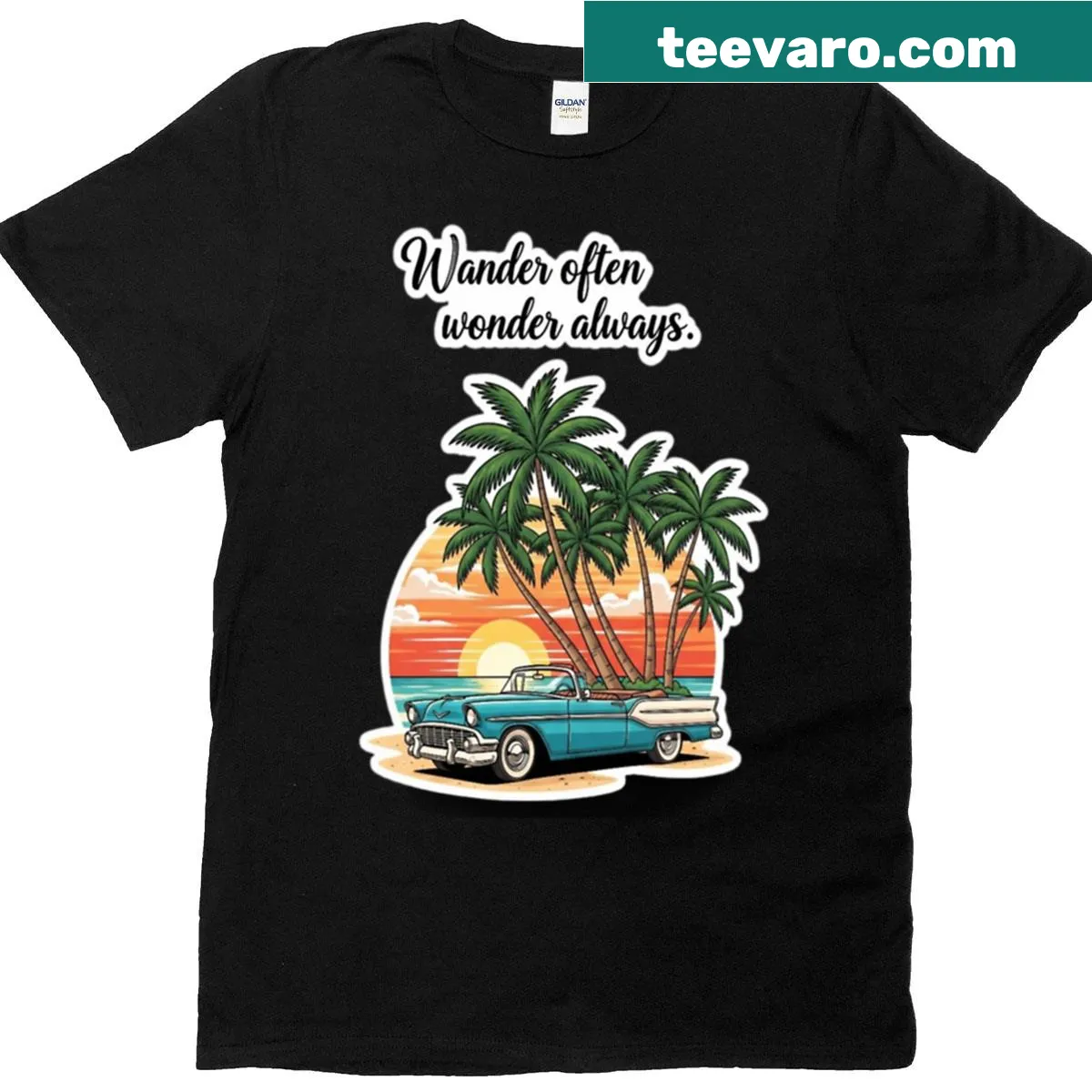 Illustrated car and sunset with the phrase Wander Often Wonder Always — on a men's t-shirt