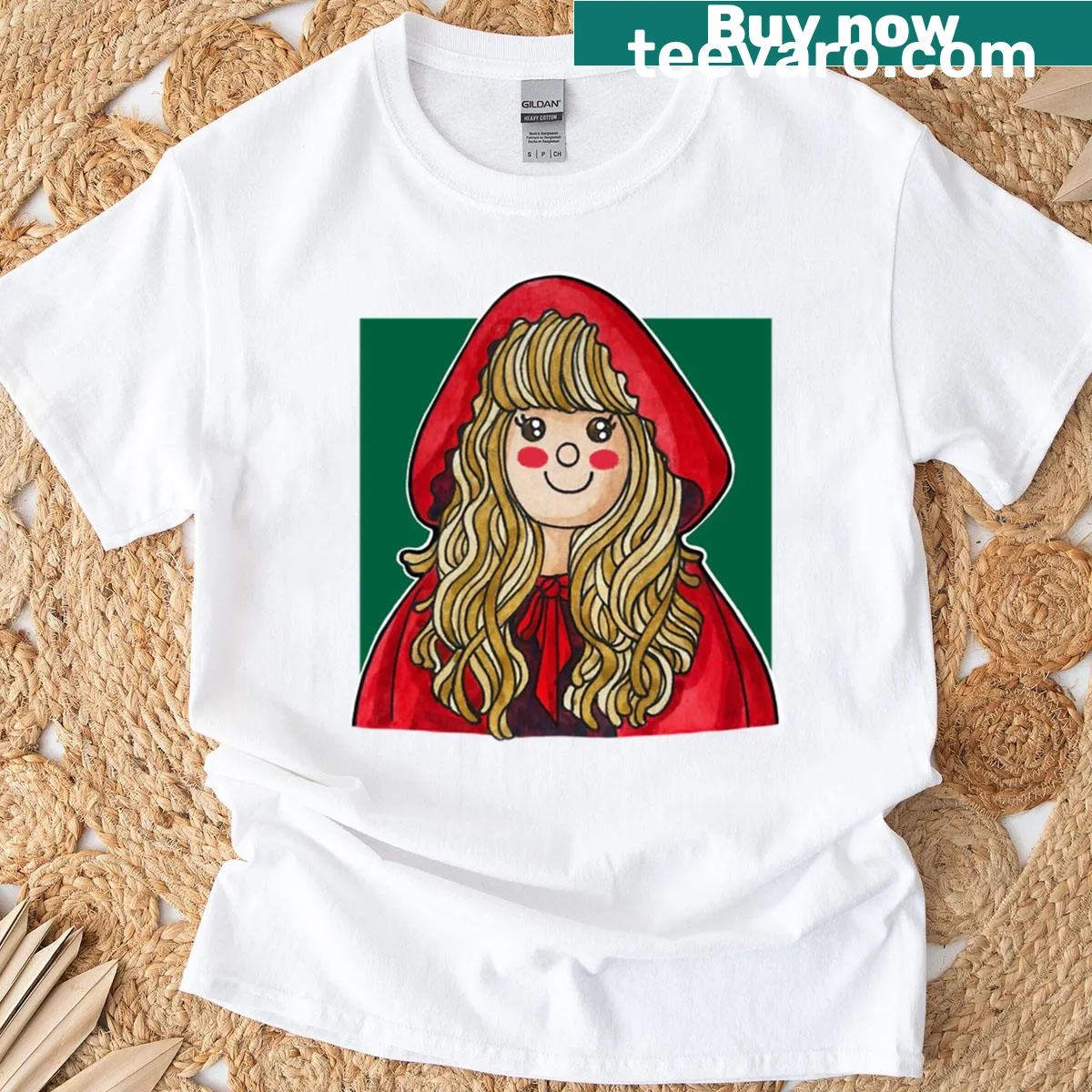 Cartoon girl in red cloak illustration set in a fantasy forest — on a men's t-shirt
