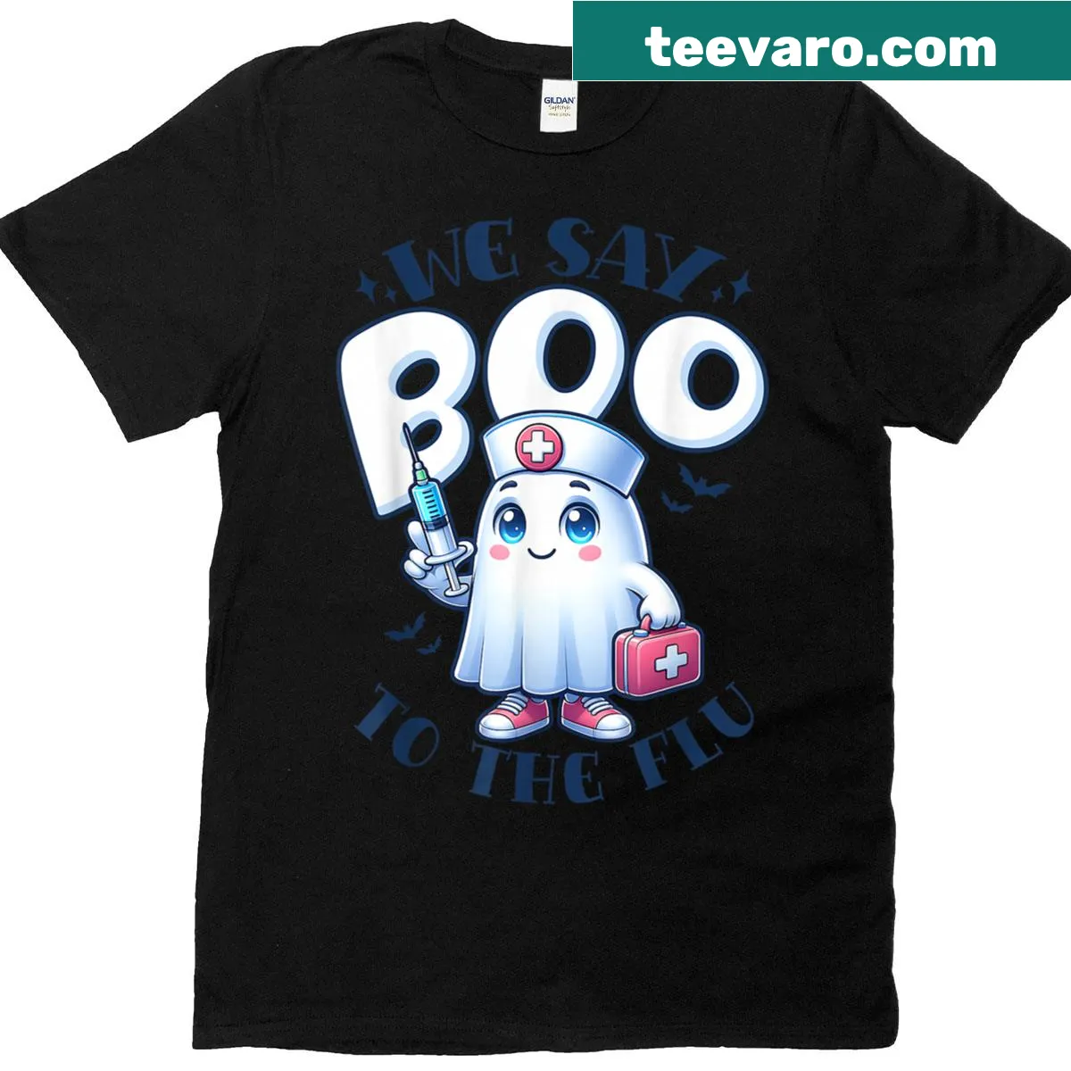 Funny Halloween-themed t-shirt for nurses with ghost graphic — on a men's t-shirt