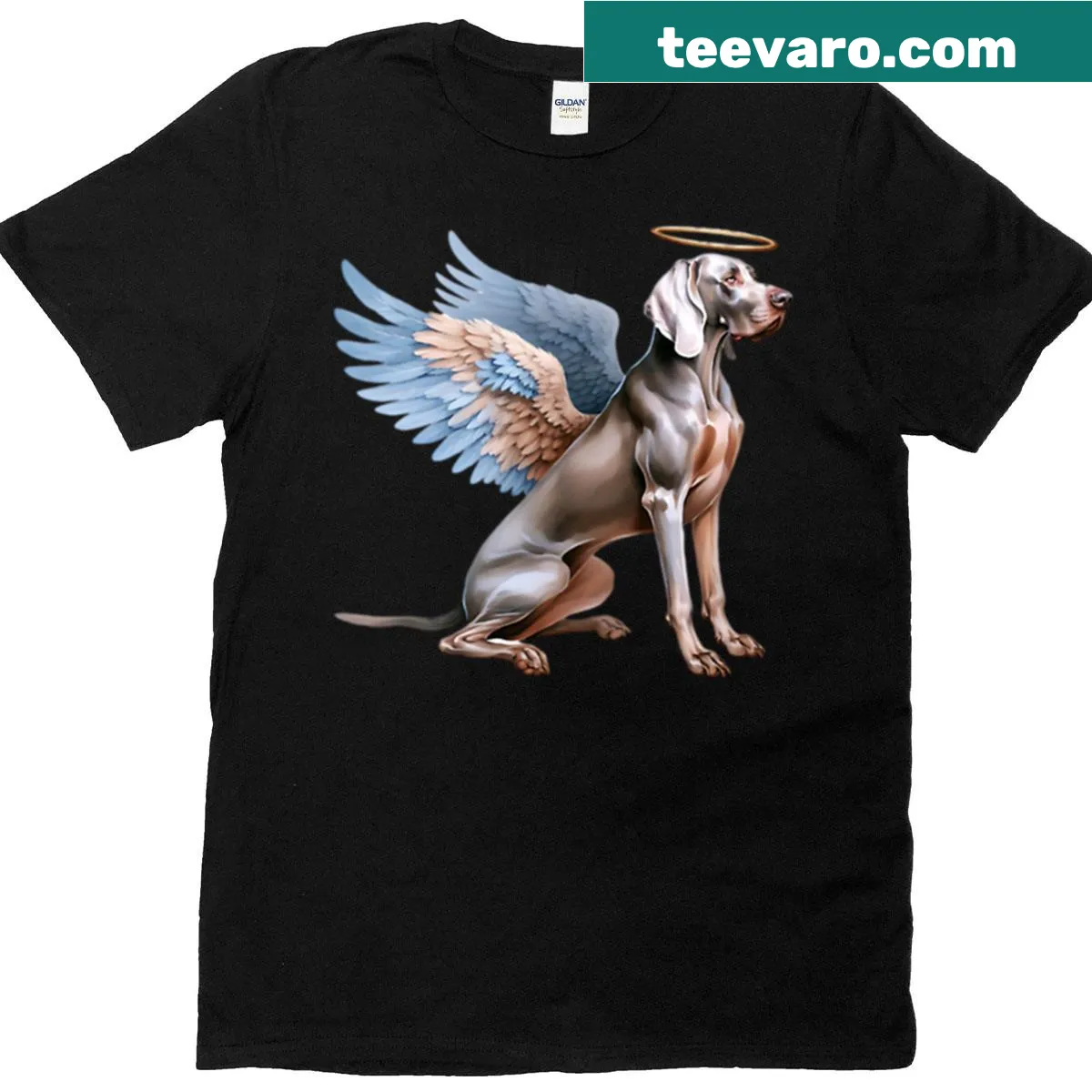 Illustration of an angelic Weimaraner on a T-shirt — on a men's t-shirt