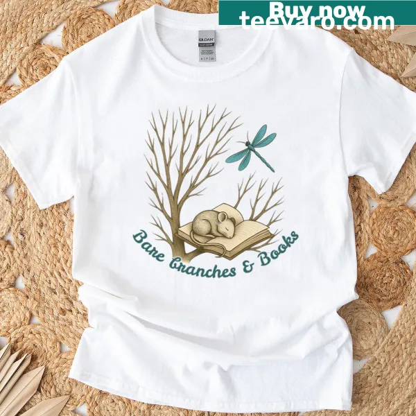 Whimsical T-shirt featuring a mouse and dragonfly illustration in a forest setting
