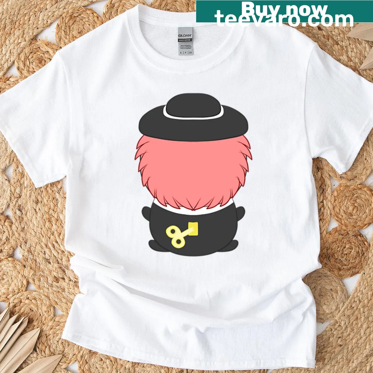 Cartoon design of a whimsical wind-up doll on a t-shirt — on a men's t-shirt