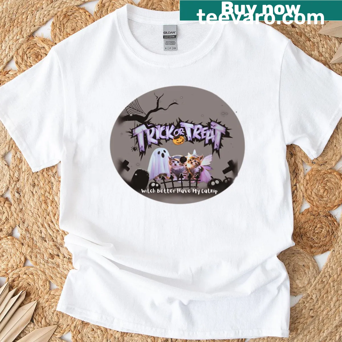Halloween T-shirt with the phrase Witch Better Have My Catnip and kitten graphics — on a men's t-shirt