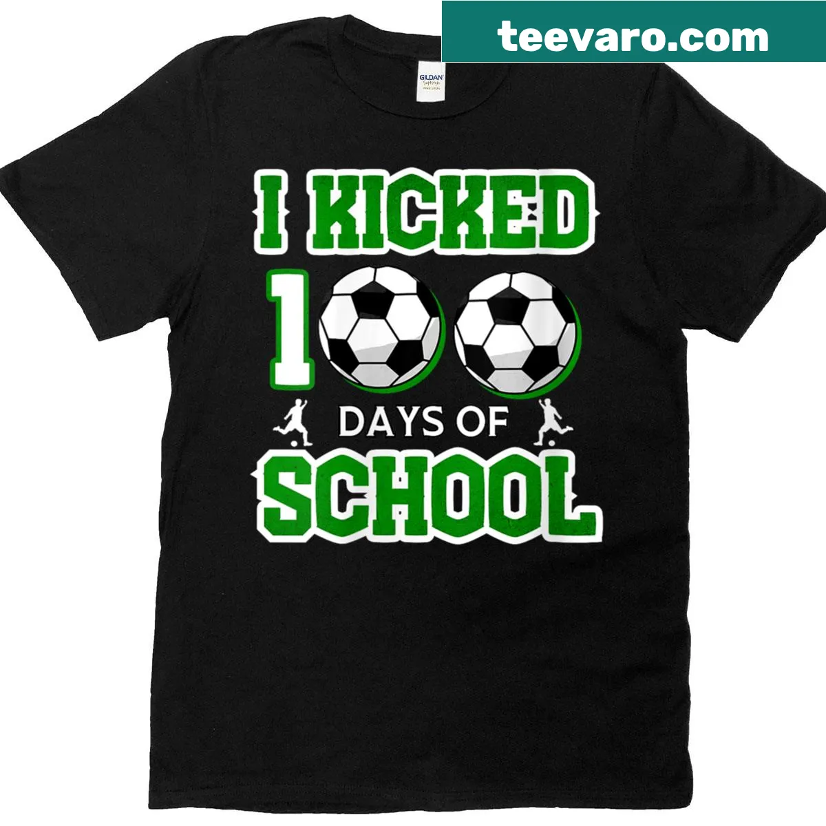 100 Days of School soccer achievement shirt — on a men's t-shirt
