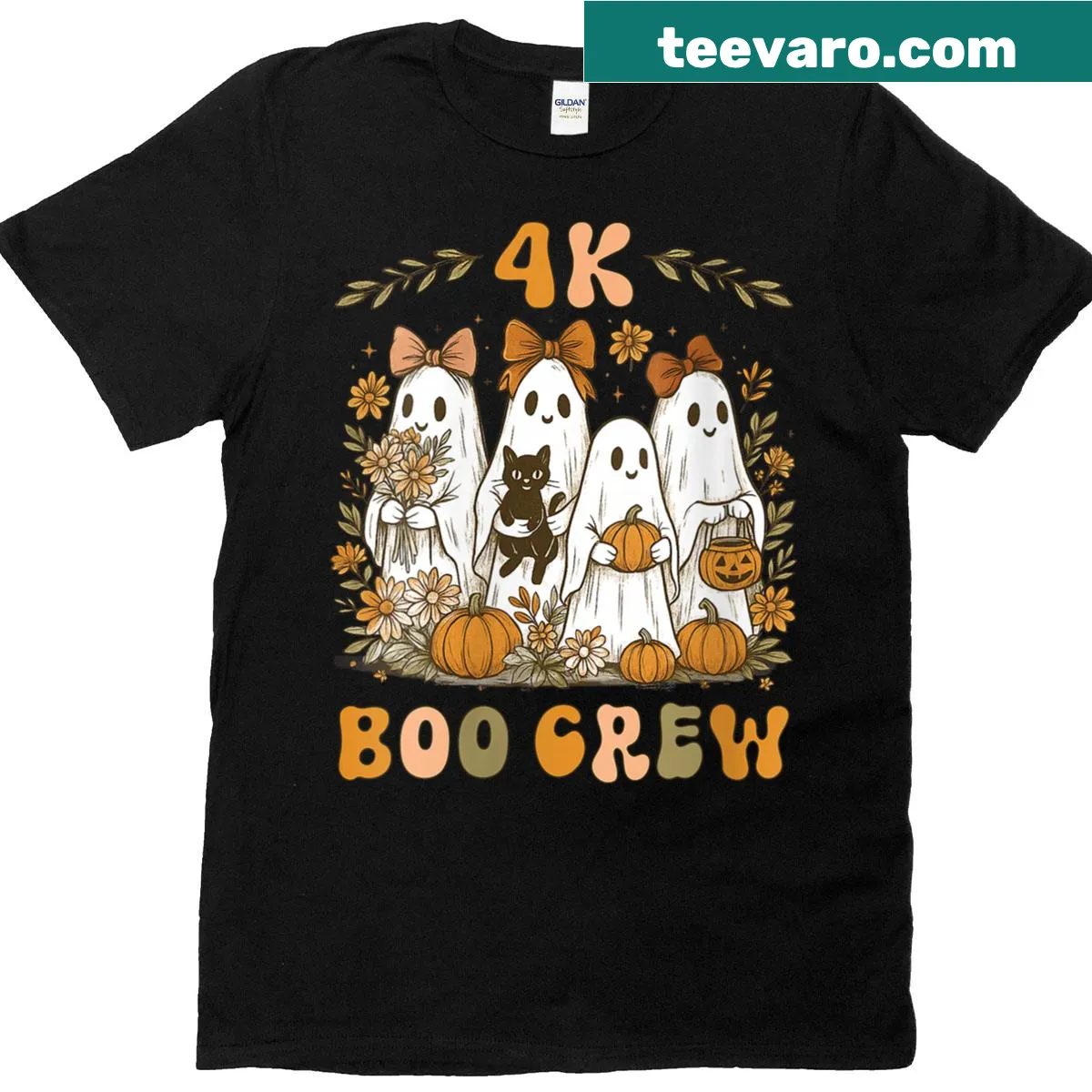 Floral ghost themed shirt for teachers with text 'Boo Crew' for Halloween — on a men's t-shirt