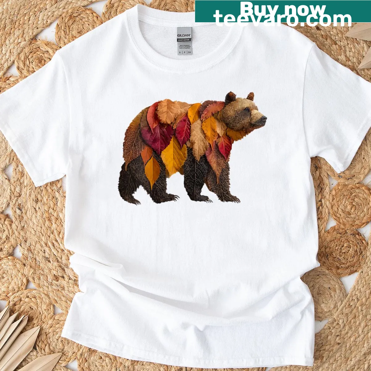Artistic bear surrounded by autumn leaves on a t-shirt — on a men's t-shirt