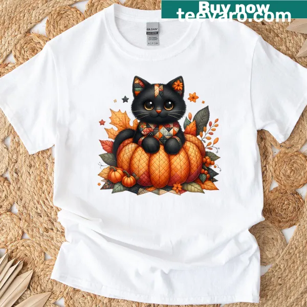 Whimsical black cat with pumpkins on fall-themed t-shirt